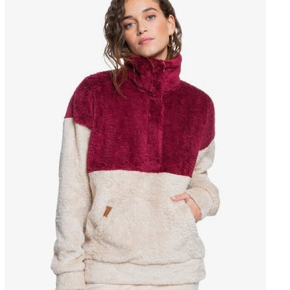 Roxy Sweaters - Roxy Coastal Route Sherpa Cream Wine 1/2 Zip Teddy Pullover Sweater Women Sz M